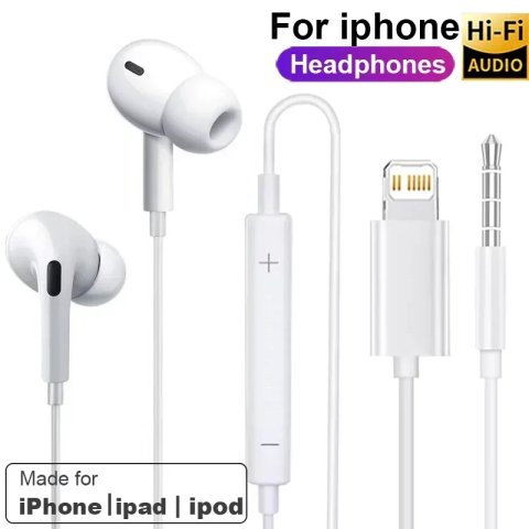 سماعات أذن أصلية سلكية بمنفذ لايتنينج لهواتف آبل iPhone 14 Pro Max و13 و12 و11 Mini وX وXS وXR وSE و6 و7 و8 Plus مخصصة للمكالمات