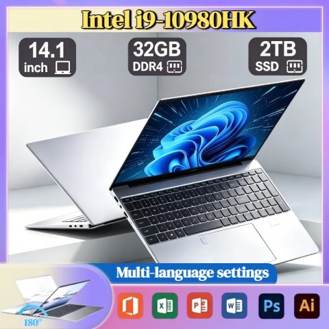 لابتوب بمعالج إنتل كور i9 10980HK بشاشة 14.1 بوصة، 8 أنوية و16 خيطًا، سرعة أساسية 2.4 جيجاهرتز وتعزيز يصل إلى 5.3 جيجاهرتز، ذاكرة مخبأة 16 ميجابايت، استهلاك طاقة 45 واط، ذاكرة وصول عشوائي 32 جيجابايت، قرص SSD بسعة 2 تيرابايت، مناسب للألعاب والعمل المكتبي.