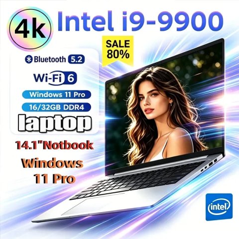 لابتوب ألعاب 14.1 بوصة بمعالج إنتل كور i9-9900 وذاكرة 32 جيجابايت، تخزين 2 تيرابايت، نظام ويندوز 11، شاشة عالية الدقة 1920×1080، لوحة مفاتيح مضاءة خلفياً، وتصميم نحيف جداً للاستخدام المكتبي واللعب